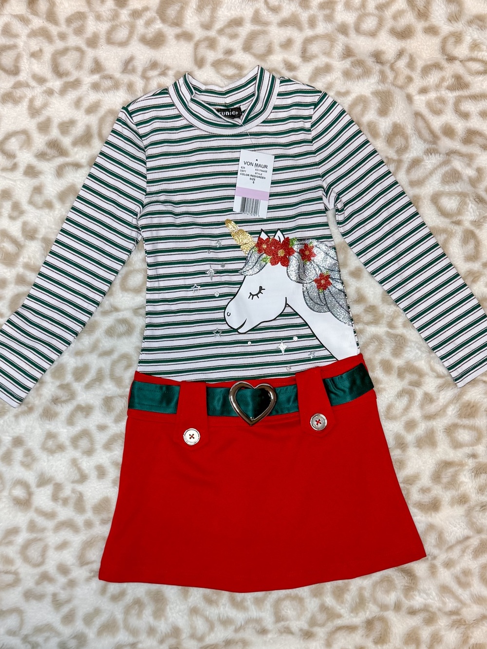 Zunie Green and White Stripe Unicorn Dress with Red Skirt